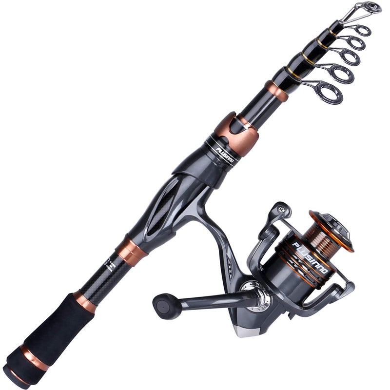 PLUSINNO Fishing Rod and Reel Combos, Bronze Warrior Toray IM6 Carbon Matrix Telescopic Fishing Rod Pole, 12 +1 Shielded Bearings Stainless Steel BB Spinning Reel, Travel Freshwater Fishing Gear - Image 1
